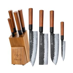 FAMCüTE Japanese Knife Block Set, Hand Forged 5-Layer 9CR18MOV Clad Steel Ultra Sharp Kitchen Knives with Wooden Storage & Rosewood Handle, Includes Chef, Santoku, Nakiri, Fruit Knife for Home Mom/Dad