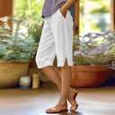 Cotton Linen Capri Pants for Women Petite Bermuda Shorts Knee Length Drawstring Pants Summer Beach Long Shorts (White, M)