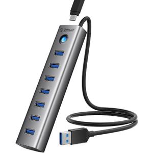 ORICO 7-Port USB 3.0 Hub, Aluminum USB Multiple Adapter, 5Gbps USB Extender USB Splitter with 1.64Ft Cable, UBS-A Hub Long Cable for Desktop, PC, Flash Drive, Mobile HDD, Windows/XPS