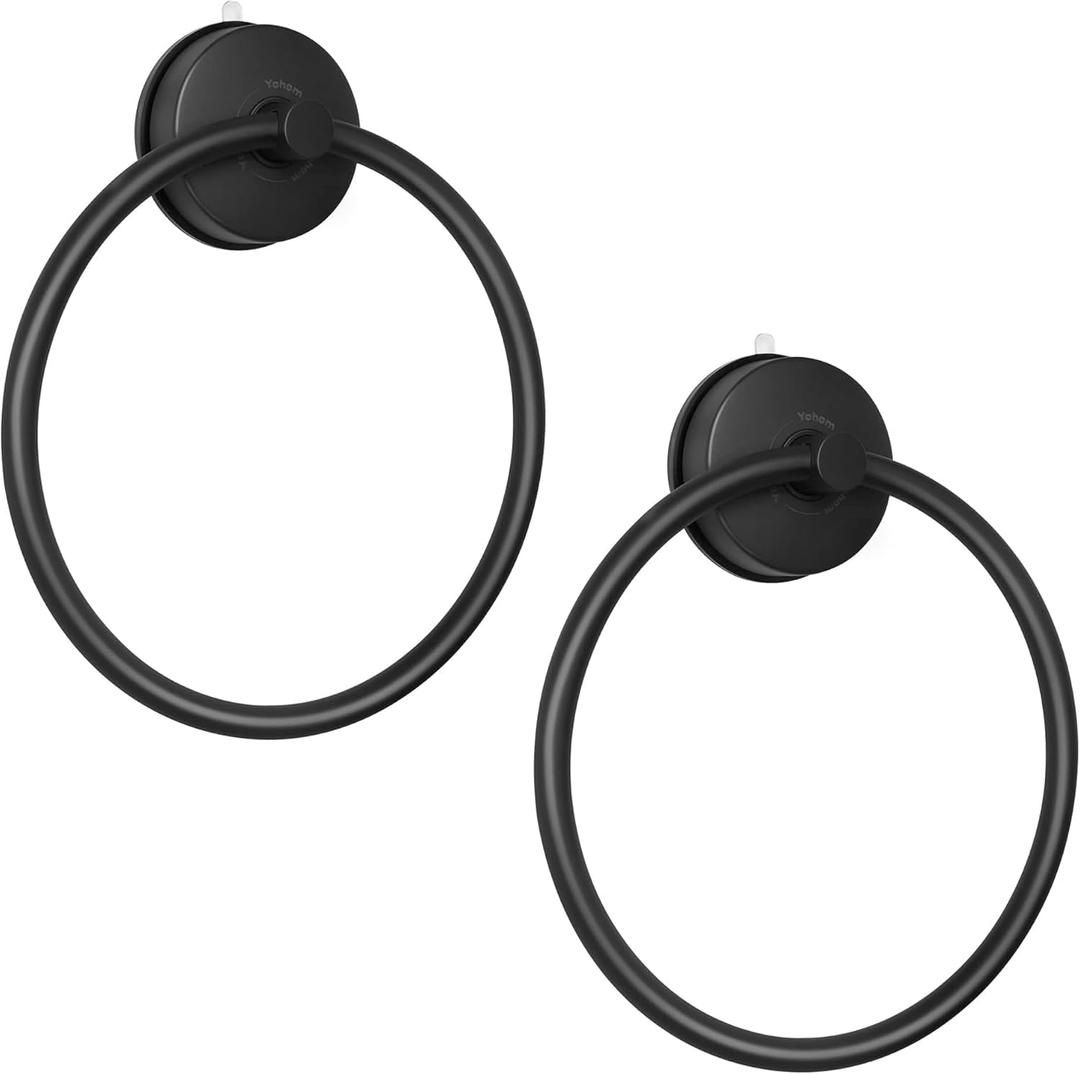 YOHOM Suction Cup Towel Ring Matte Black Hand Towel Holder for Bathroom Stainless Steel Vacuum Suction Washcloth Holder Dish Towel Hanger for Shower Wall No Drill, 2 PCS