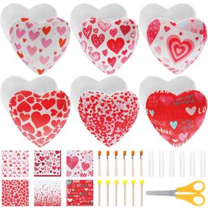 LemonSecret 6 Set DIY Valentine's Day Decoupage Kit Crafts Ceramic Heart Jewelry Tray Unpainted Ceramics Ring Dish with Decoupage Napkins Glue Brush for Valentine Galentine's Night Mother's Day Crafts
