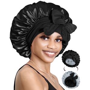 2 x BONNET QUEEN Silk Bonnet for Sleeping Satin Bonnet with Tie Hair Wrap Double Layer Sleep Cap for Women Curly Hair, Black Silver (Medium)