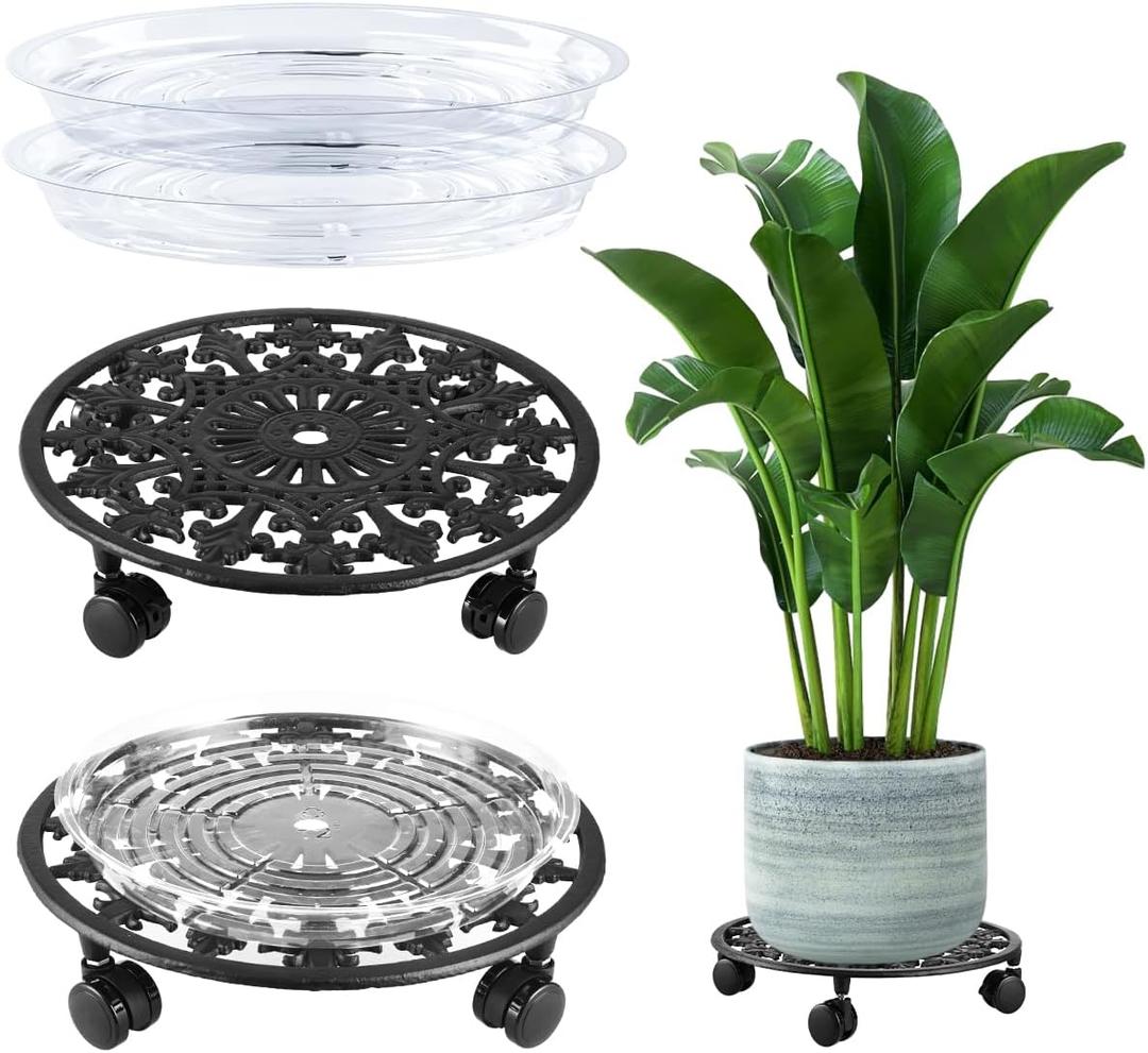 2 Pack Plant Caddy with Wheels, PlanterHoma 14 Inch Metal Plant Stand with Wheels Heavy Duty Wrought Iron Planter Dolly Rolling Stand Plant Roller with Casters for Indoor and Outdoor with 2 Pack Saucers (Black)
