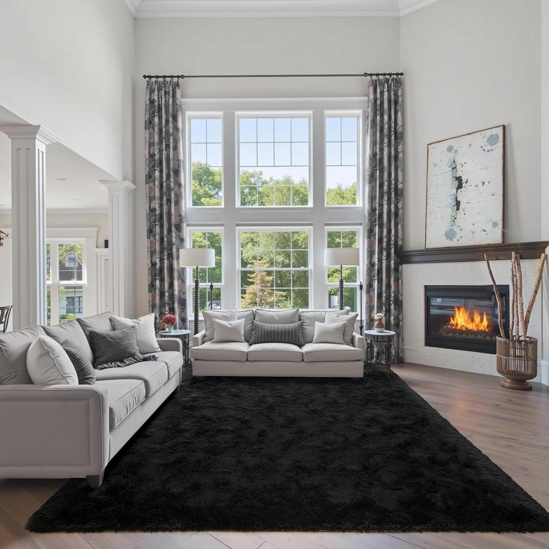 FinRec 6x9 Feet Black Rugs for Bedroom Living Room, Plush Shag Area Rug, Non-Slip Fluffy Furry Rug for Nursery Kids Room Dorm Room Home Decor, Indoor Shaggy Floor Carpet
