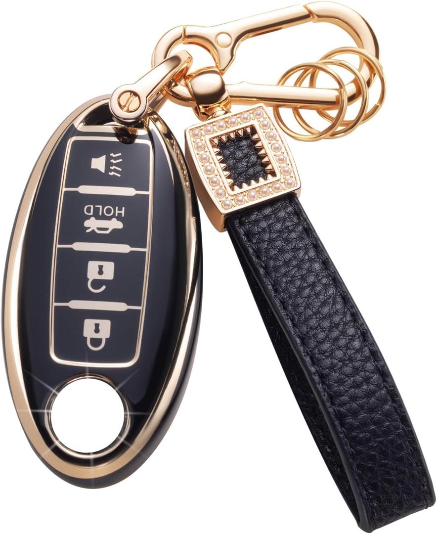 for Nissan Key Fob Cover with Leather Lanyard, Car Key Fob Case Compatible with Nissan Altima Maxima Rogue Armada Sentra 370z Pathfinder Murano Smart Key Protector Holder