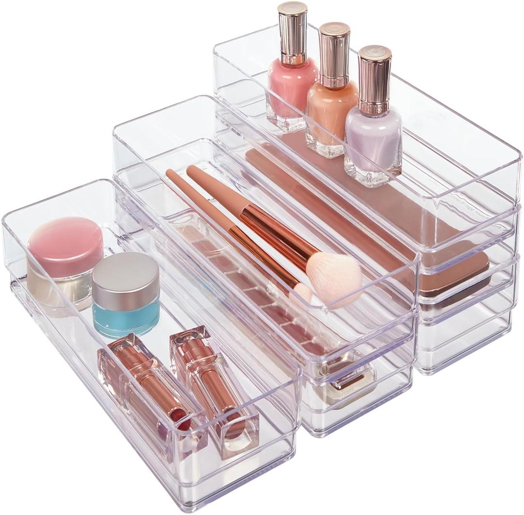 STORi SimpleSort 6-Piece Stackable Clear Drawer Organizer Set | 9" x 3" x 2" Rectangle Trays | Narrow Makeup Vanity Storage Bins and Office Desk Drawer Dividers | Made in USA STORi SimpleSort 6-Piece Stackable Clear Drawer Organizer Set | 9" x 3" x 2" Rectangle Trays | Narrow Makeup Vanity Storage Bins and Office Desk Drawer Dividers | Made in USA