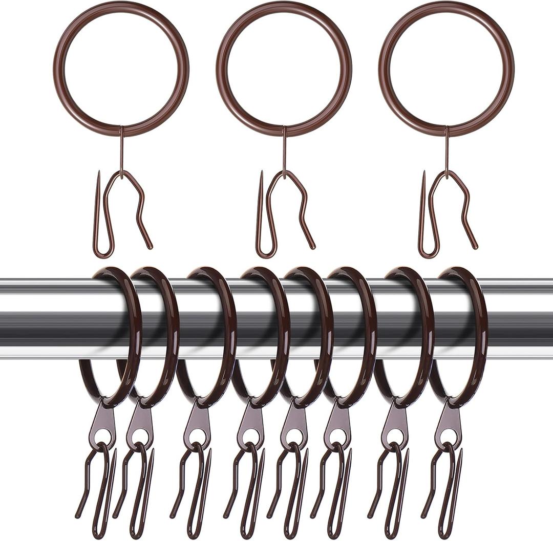 Hotop 30 Pieces Metal Drapery Curtain Rings and 30 Pieces Hanging Metal Curtain Drapery Pin Hooks for Window Door Shower(42mm,Brown)