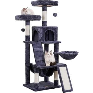 Heybly Cat Tree, Cat Tower for Indoor Cats,Multi-Level Cat Furniture Condo for Cats with Padded Plush Perch, Cozy Basket and Scratching Board Smoky Gray HCT014G (56 inch)