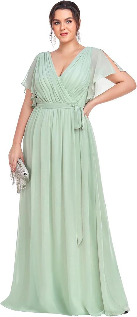 Ever-Pretty Plus Women's Chiffon Short Sleeves A-Line V-Neck Empire Waist Floor Length Plus Size Formal Bridesmaid Dress (26, Mint Green)