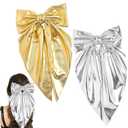 Large Gold & Silver Hair Bow Clips for Girls & Women, 2PCS Big Metallic Long Hair Bows with Clip, 11.4 x 5.5 in Statement Bow Hair Accessory for New Year Party Birthday Disco Graduation