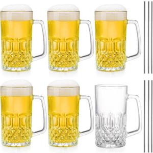 Frcctre 6 Pack 16 Oz Glass Beer Mug, Large Beer Glasses Steins with Handle and Stainless Steel Straws, Crystal Lead-Free Drinking Glasses Water Cups for Beer, Juice, Beverage, Bar