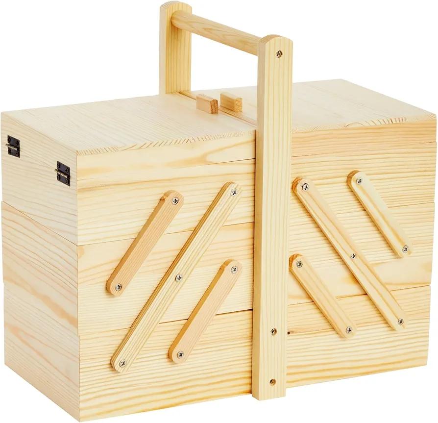 Juvale Wooden Sewing Box Organizer for Sewing Supplies with 3 Tier Drawers for Craft Tools, Needles, Pincushions, Art Supplies, Thread Spool Organizer (12.6 x 5.9 x 8.3 Inches)
