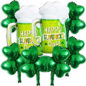 2 x 8 Pcs St Patricks Day Balloons,Green Shamrock Balloons Happy St.Patrick's Day Beer Mug Foil Balloon for Lucky St Patricks Party Decorations