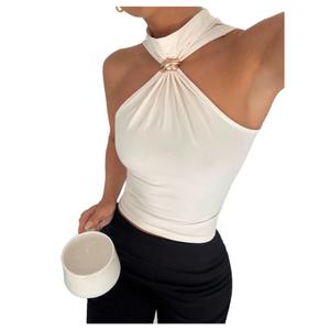 Milumia Women's Metal Halter Mock Neck Ruched Tank Top Sleeveless Slim Fit Going Out Tops M