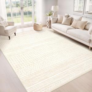 Area Rug Living Room Rugs 5x7: Washable Boho Modern Neutral Geometric Large Rug Soft Farmhouse Moroccan Non-Slip Indoor Floor Carpet for Bedroom Dining Room Nursery Dorm Home Office (Beige, 5'x7')