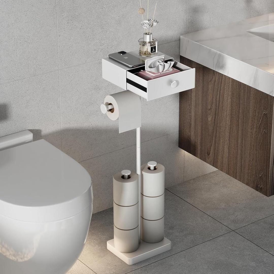 VOLDRA Toilet Paper Holder Stand with Shelf, Free Standing Toilet Paper Roll Holder with Wipes Storage Drawer Heavy Duty Floor Bathroom Tissue Holder Freestanding No Drill Tp Holder for 7 Rolls(White)