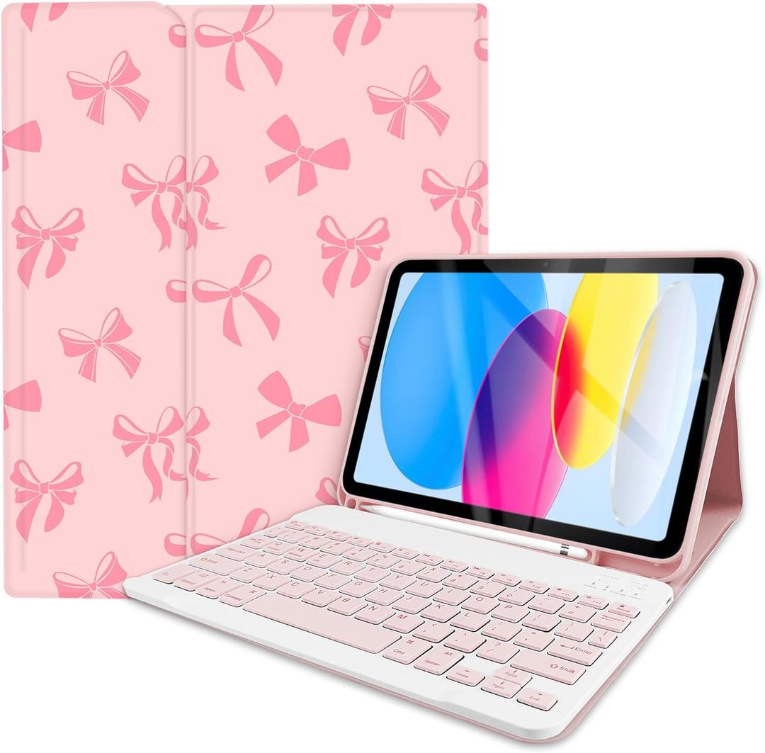 Case Keyboard for iPad Gen 11th (A16) 11'' 2025 / 10th 10.9-inch 2022, Pink Bow Cute Chic Adorable with Pencil Holder for 10.9'' Case with Keyboard Rechargeable, Detachable, Pink Bow