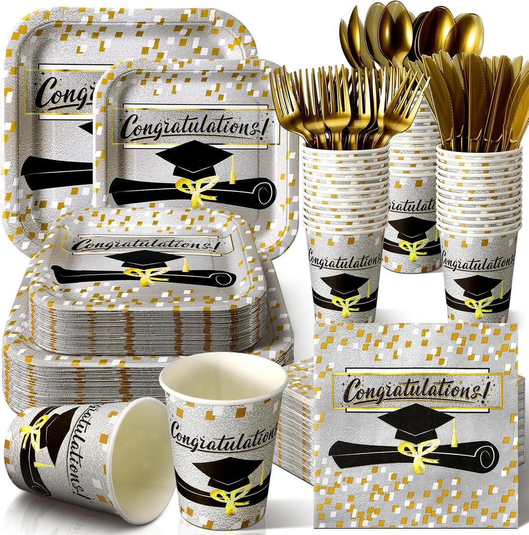 350 Pcs Graduation Paper Plates and Napkins Set 9 Inch 7 Inch Disposable Durable Dinnerware 2026 Graduation Party Supplies Tableware Serve 50 Guest Cups Knife Forks Spoon