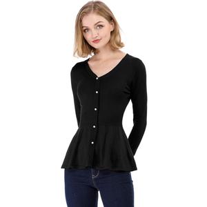 Women's Button Down Peplum Cardigan V Neck Long Sleeve Ribbed Knit Fall Tops, Black, M
