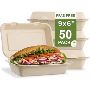 [50 COUNT]Harvest Pack PFAS FREE 9 X 6" Compostable Clamshell Food Containers, Heavy-Duty Hinged Container, Disposable Bagasse Eco-Friendly Natural Takeout to go Box, Made from Sugarcane Plant