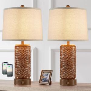 RORIA Set of 2 Vintage Touch Table Lamps for Living Room, 3 Way Dimmable Nightstand Lamp with 2 USB Port, Farmhouse Rustic Boho Ceramic Desk Lamps for Bedroom End Table, Bulbs Included (Brown)