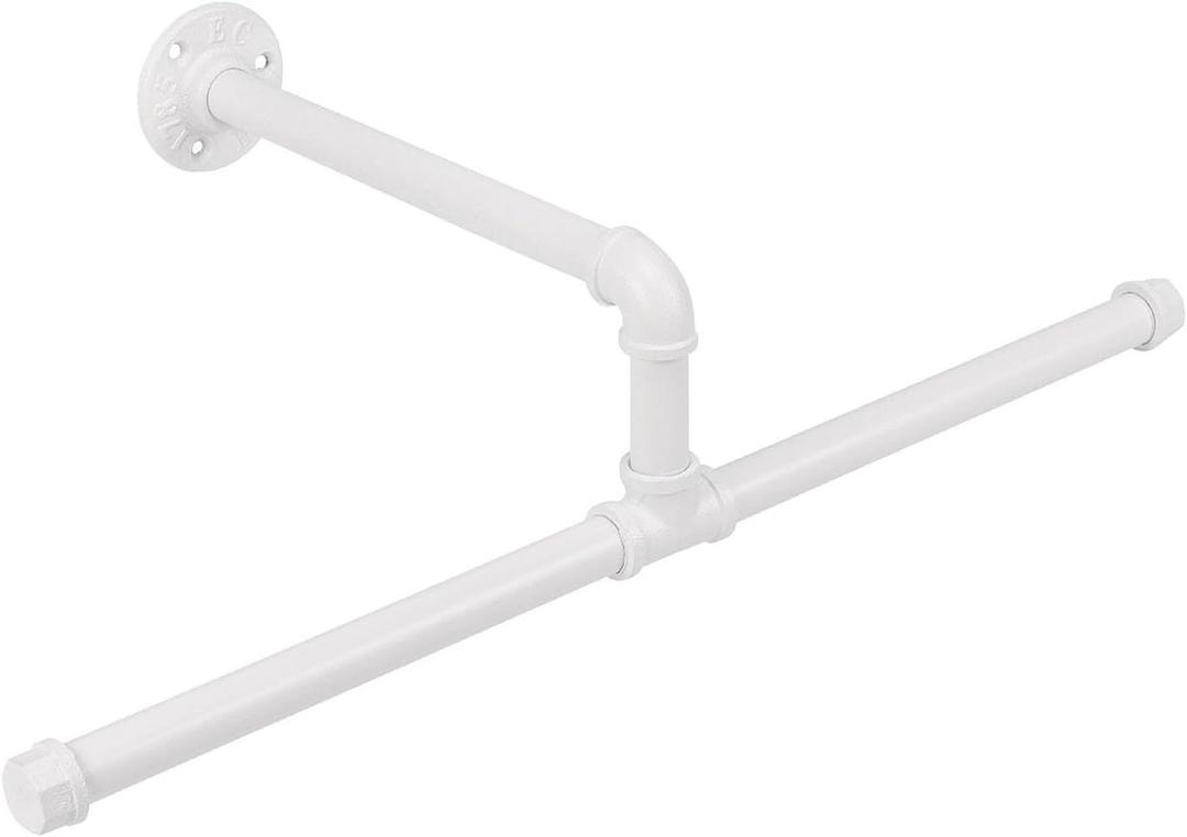 Industrial Pipe Clothes Rack Floating DIY Wall Mounted, Heavy Duty Rustic Vintage Clothing Rod, Metal Garment Bar Space-Saving Hanging for Bedroom, Bathroom and Laundry Room (White 20 inch)