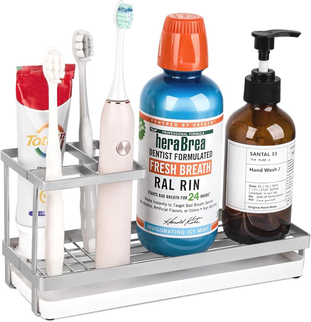 Toothbrush Holders for Bathrooms, Stainless Steel Tooth Brushing Holder Electric Toothbrush and Toothpaste Organizer Bathroom Accessories for Countertop, Shower, Sink - Silver (Small)