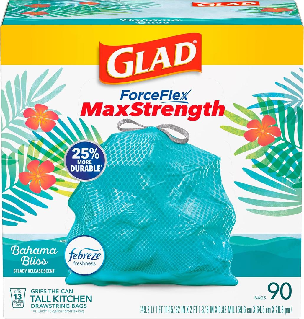 2 x Glad ForceFlex MaxStrength Kitchen Trash Bags, 13 Gal, Bahama Bliss Febreze, 90 Ct 