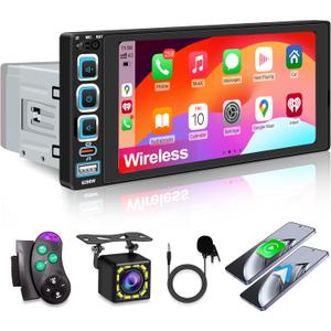 6.9" Single Din Car Stereo Wireless Apple CarPlay,IPS 1280 * 480 Capacitance Touchscreen, Car Bluetooth 5.2, FM Car Radio, Car Audio Receicers, Night VisionBackup Camera, Android Auto, USB Type-c