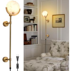 Alabaster Round Wall Sconce, Plug in Wall Light Fixtures, Modern Natural Marble LED Alabaster Sconces for Living Room Indoor Wall Lamps for Dining Room Stairs Bedroom,Brushed Gold E12, 1 Pack