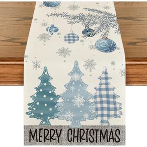 Artoid Mode Blue Pine Trees Merry Christmas Table Runner, Winter Xmas Holiday Kitchen Dining Table Decoration for Home Party Decor 13x72 Inch