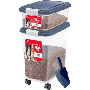 IRIS USA Dog Food Storage Container, 30 lbs & 11 lbs Combo, Cat Food Storage Container, Dog Treat Container, Airtight, Stackable, 2-Cup Scoop, Wheels, Easy Mobility, Navy