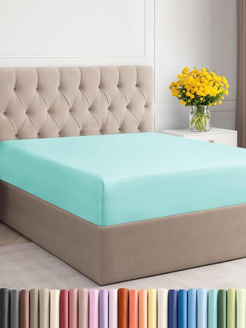 Queen Fitted Bed Sheet - Bottom Single Fitted Sheet Only - Ultra-Soft Hotel Luxury Bedding w/ 8-16 Inch Deep Pockets - Breathable, Cooling & Wrinkle Free - Easy-Fit, Fade & Shrink Resistant - Spa Blue