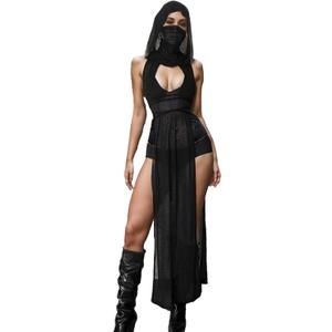 Women Goth Sheer Dress, Mock Neck Sleeveless Rave High Slit Dress with Hooded, EDM Music Festival Outfits L
