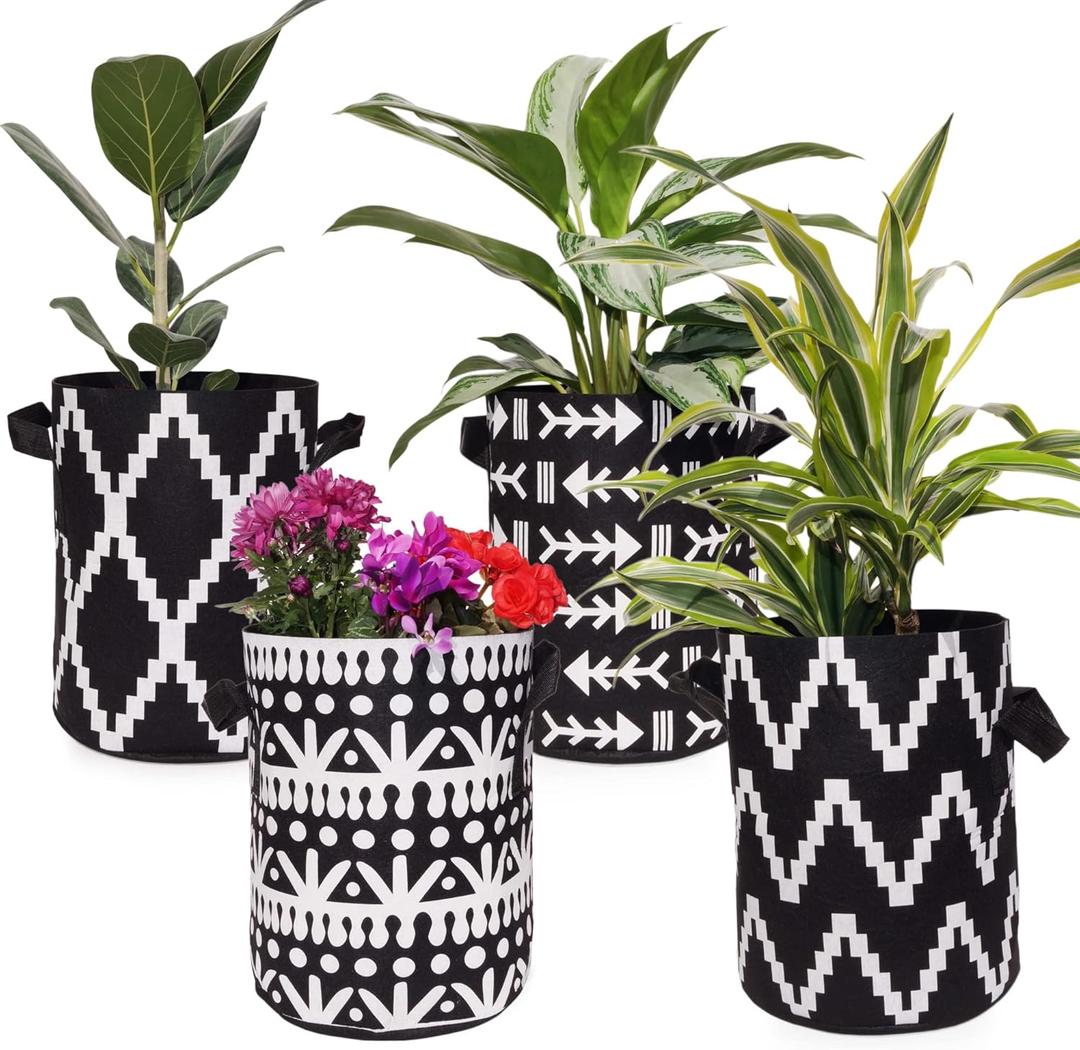 Darware 3 Gallon Grow Bags, Tall Style (Set of 4, Black & White Boho); Fabric Planter Bags in Geometric Design