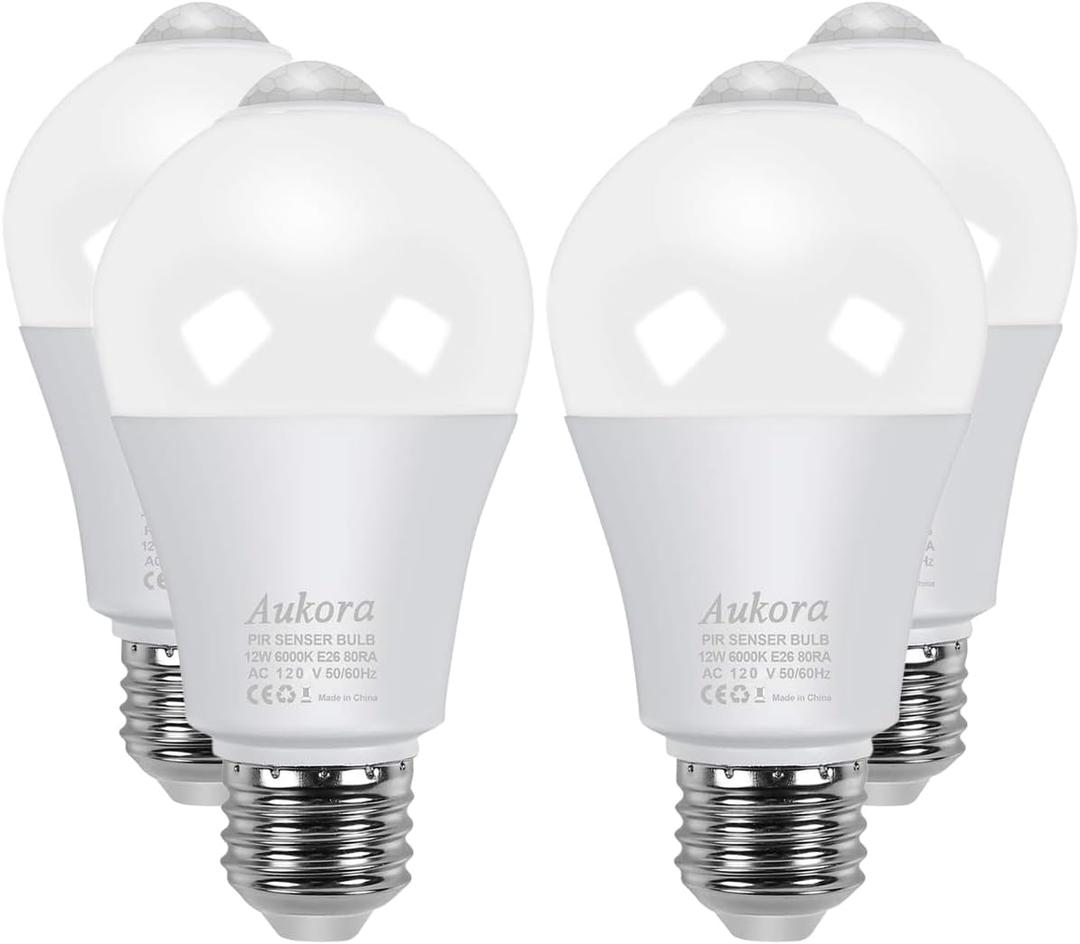 Aukora Motion Sensor Light Bulbs 4-Pack, 12W (100-Watt Equivalent) E26 Motion Activated Dusk to Dawn Security Light Bulb Outdoor/Indoor for Front Door Porch Garage Basement Hallway Closet(Cold White)