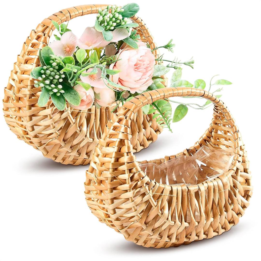 Small Flower Girl Basket Set of 2  Small Wicker Basket with Handle & Waterproof Lining (6.3"  5.12"  3.75") Rustic Style for Wedding Flowers, Sweets & Gifts  Compact, Lightweight & Multifunctional