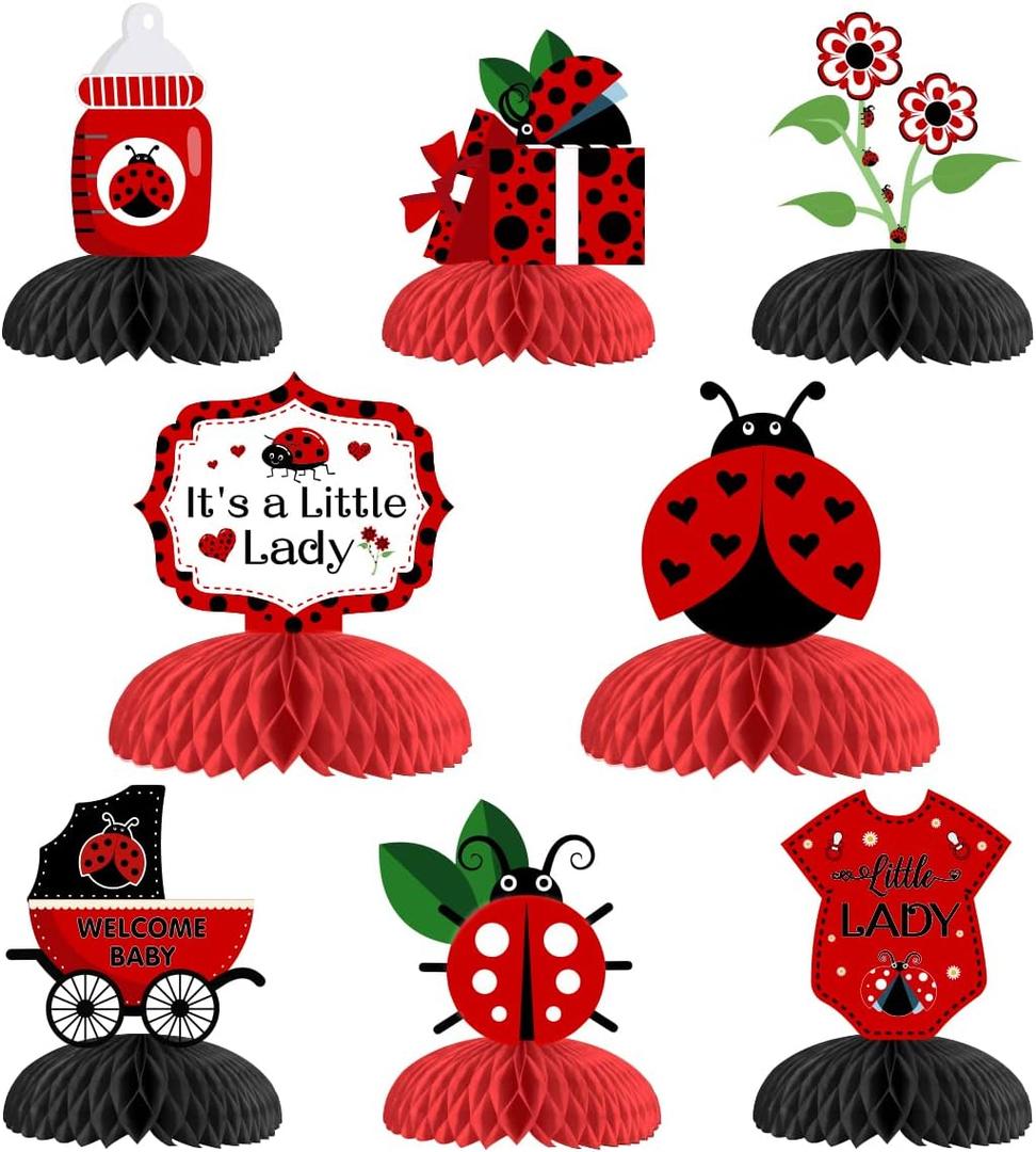 8PCS Ladybug Party Honeycomb Centerpieces, Ladybug Baby Shower Decorations - Red and Black Summer Bugs 3D Table Topper for Little Girls Ladybird Themed Birthday Party Supplies