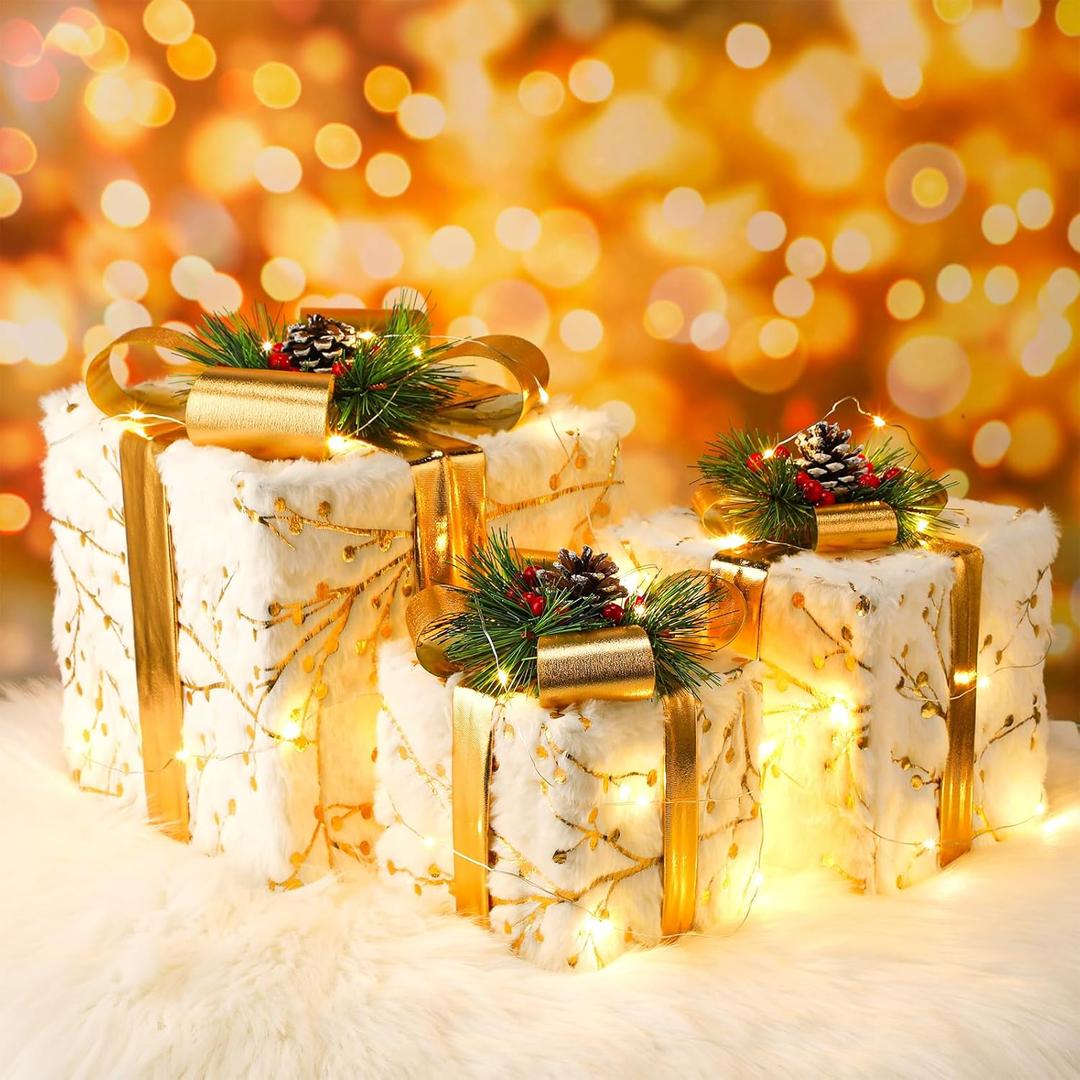 3 Set Christmas Lighted Gift Boxes Decorations 16.4 ft LED Strings Light Boxes Xmas Present Boxes with Ribbon Bows for Christmas Tree Party Outdoor Yard Decor (White Branch)
