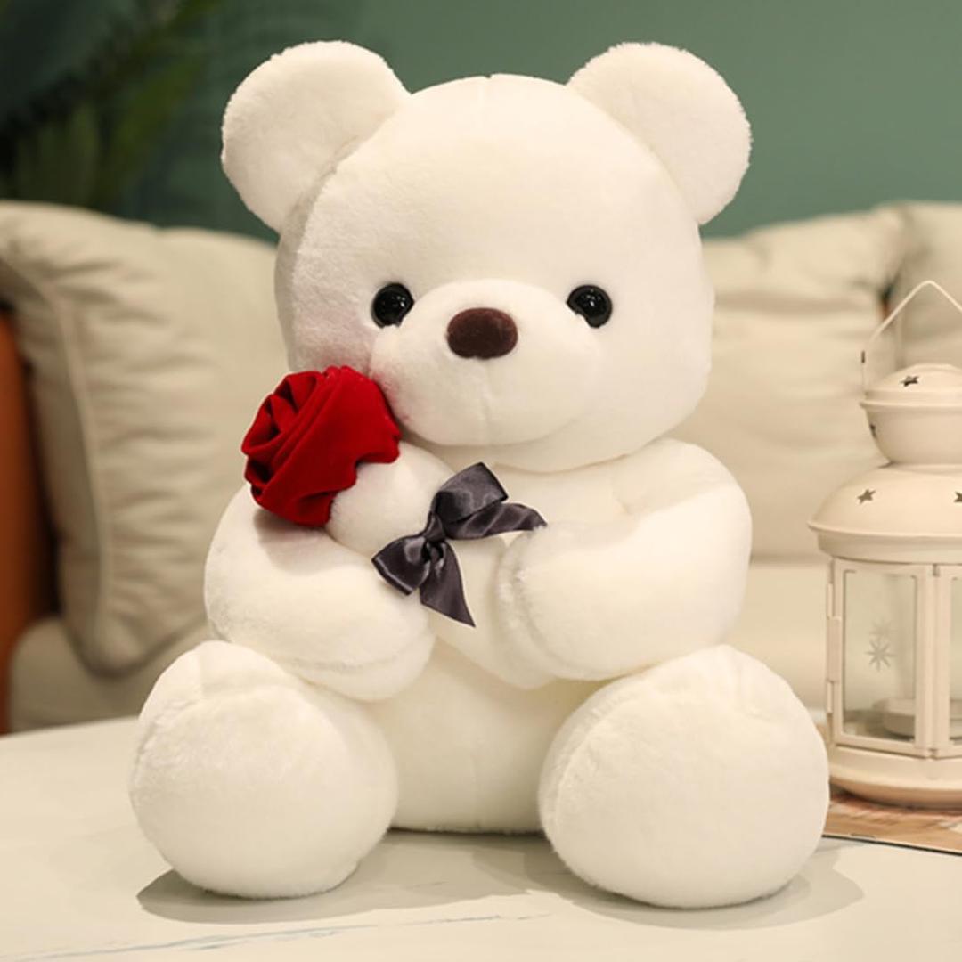 Cute Plush Teddy Bear Stuffed Animal Teddy Bear with Rose Plush Doll Toy Gift for Girlfriend, Party Decoration(White,23cm/9in) (23cm/9in, White)