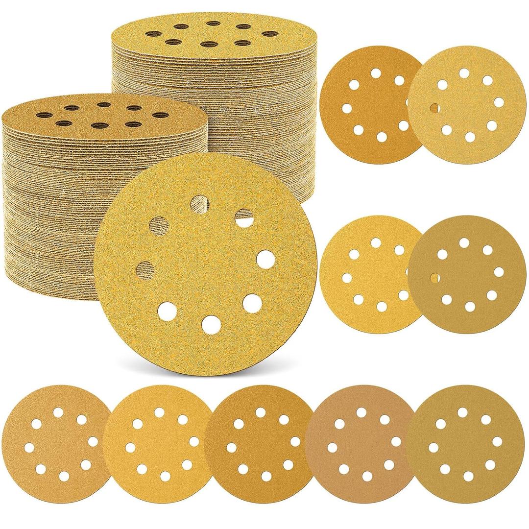 Maxdot 200 Pcs 5 Inch Sanding Discs 8-Hole Hook and Loop Gold Sandpaper Mixed Grits, 60, 80, 100, 120, 150, 220, 320, 400, 600, 800 for Random Orbit Sander