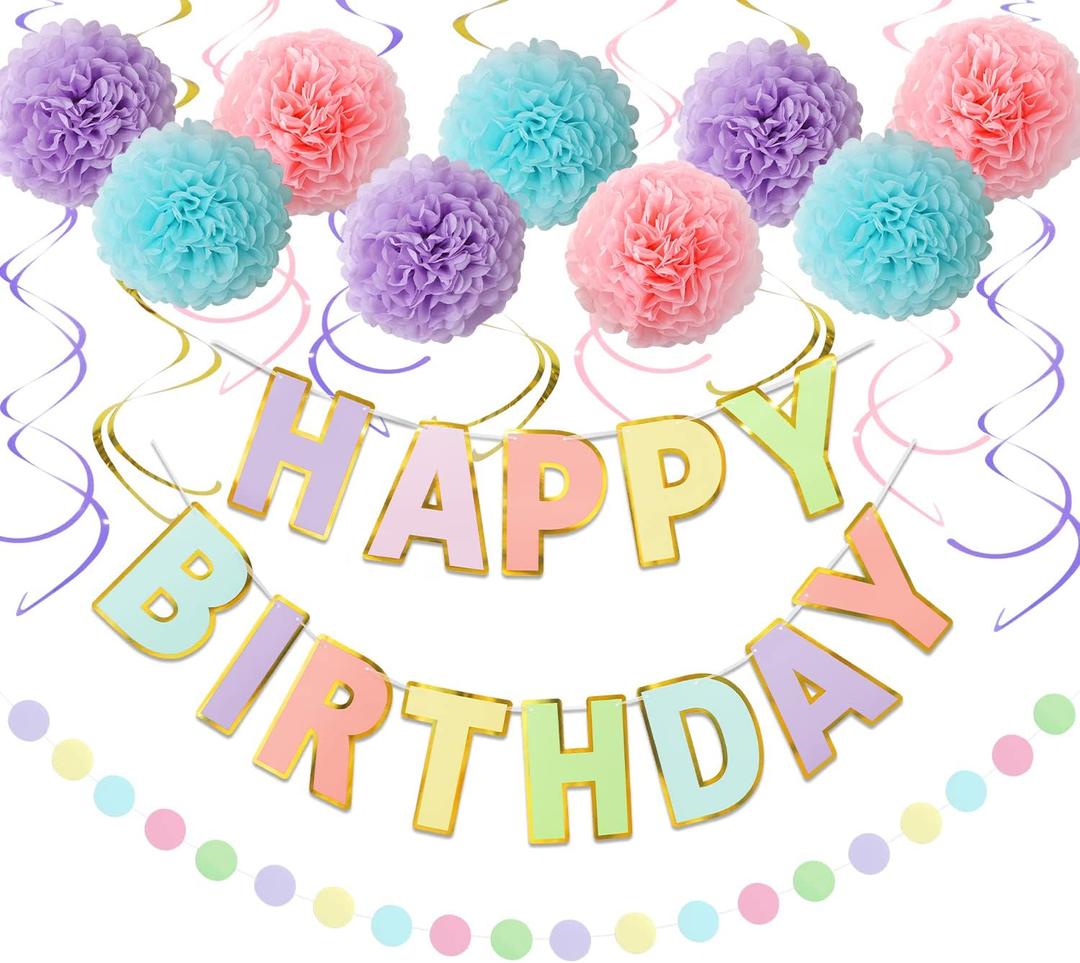 Macaron Birthday Decorations - 20-Pc Set with Pre-Strung Happy Birthday Banner, Tissue Paper, Garland, Swirls | Pastel Party Supplies for Women Girls Baby Shower, Adults Birthday Party Decor (Macron)