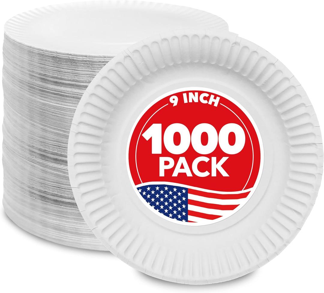 Stock Your Home 9-Inch Paper Plates Uncoated, Everyday Disposable Plates 9" Paper Plate Bulk, White, 1000 Count