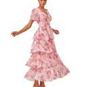 ADOR Women's Floral Summer Empire Waist V Neck Casual Long Flowy Chiffon Maxi Dress Ruffle Tiered Short Sleeve A-line Dreses Pink Large