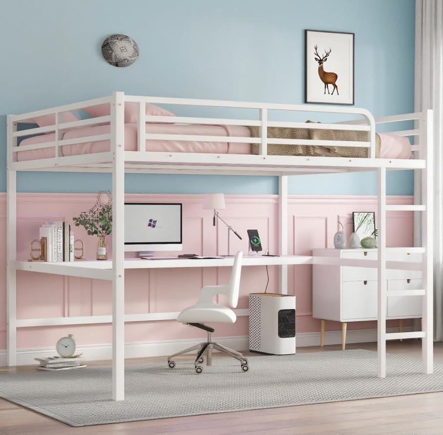 Bellemave Queen Loft Bed with Desk, Metal Queen Loft Bed Frame with guardrail and Ladder for Adults, Kids, Teens, White