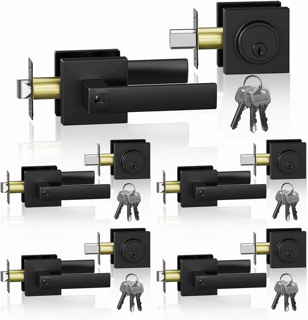 5 Pack Exterior Door Handle with Single Cylinder Deadbolt,Front Door Handle and Deadbolt Set,Matte Black Keyed Alike Heavy Duty Door Lever Locksets Right & Left Sided Doors,1 Key 1 Combo