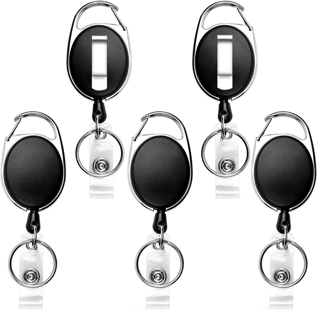 Teskyer Badge Reel, 5 Pack Retractable Badge Holders with Carabiner Belt Clip and Key Ring for ID Card Holder and Keychain (Black)