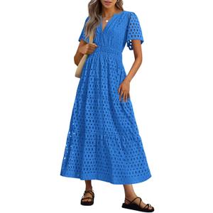 PRETTYGARDEN Womens 2025 Summer Maxi Dress Short Sleeve V Neck Hollow Out Eyelet A Line Long Flowy Beach Vacation Dresses (Blue, Size S)