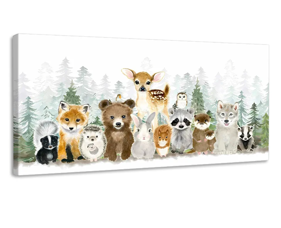 Woodland Animal Nursery Wall Art Watercolor Forest Baby Animal Nursery Wall Decor Printing Framed Fox Bear Deer Watercolor Poster Paintings Pictures for Boys Room Girls Room Home Decoration 12x24in