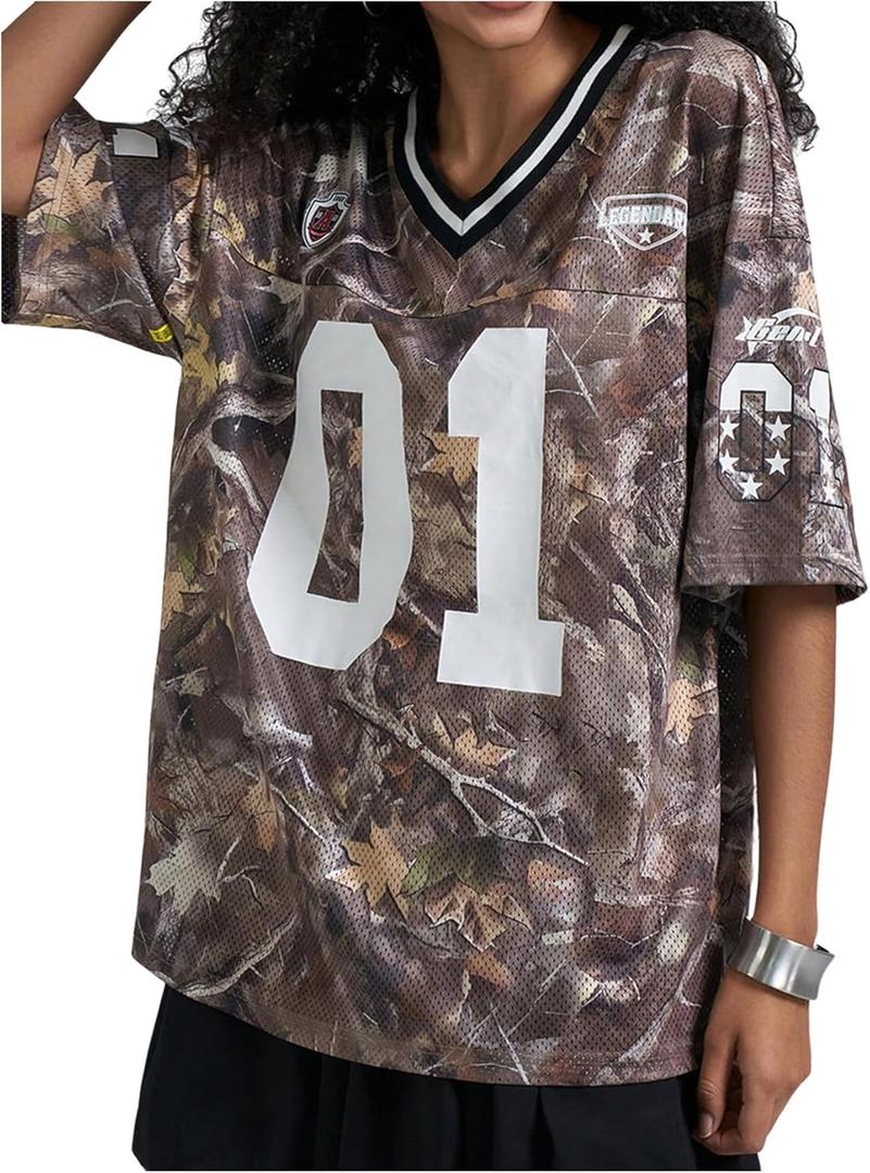 RoseSeek Women's Number Print Mesh Oversized Jersey Shirts Striped Trim Half Sleeve Baggy Camo Graphic Tees (Large, Multicolor)